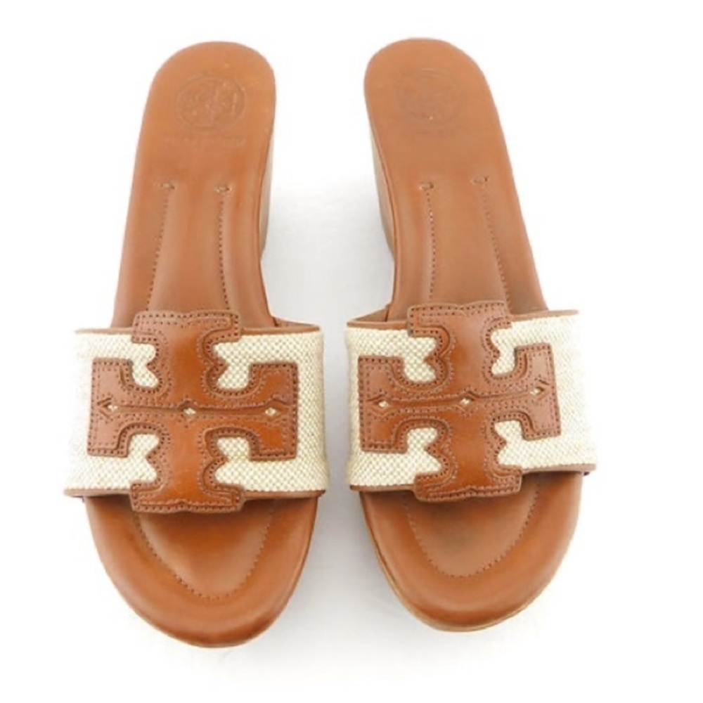 Tory Burch Brown and Cream Slide Wedge Wooden Sandals